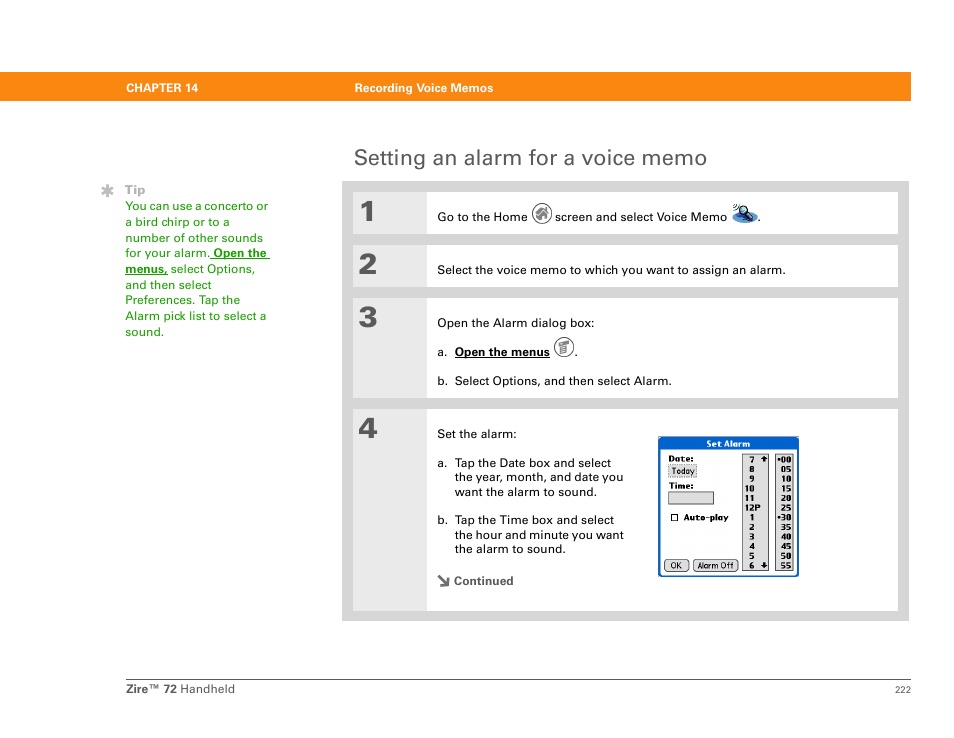 Setting an alarm for a voice memo | Palm Zire 72 User Manual | Page 244 / 706
