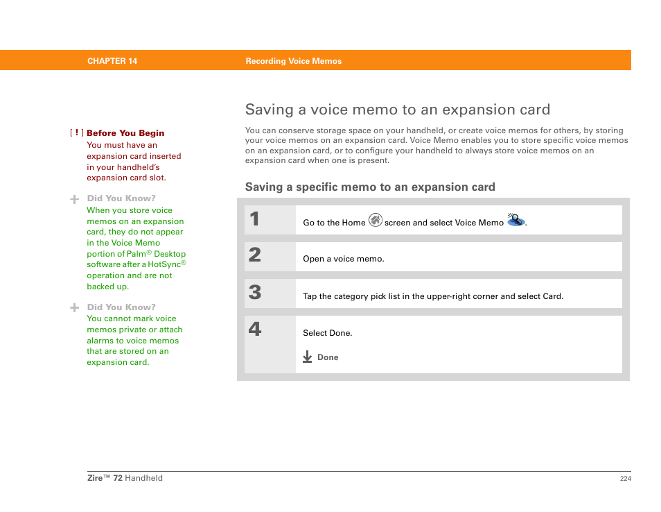 Saving a voice memo to an expansion card, Saving a specific memo to an expansion card | Palm Zire 72 User Manual | Page 246 / 706