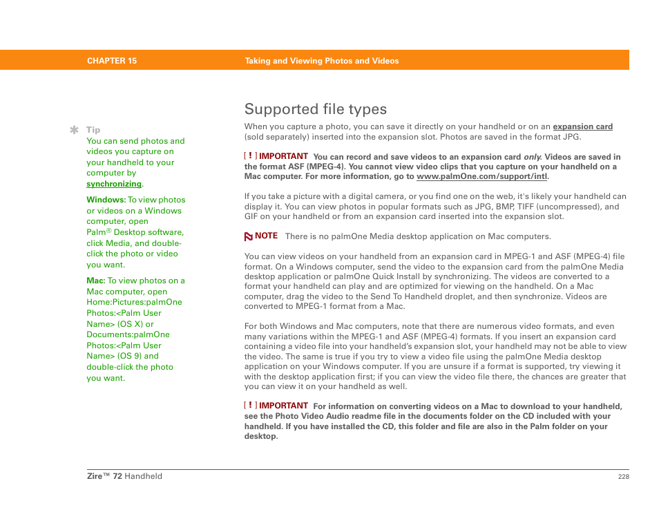 Supported file types | Palm Zire 72 User Manual | Page 250 / 706