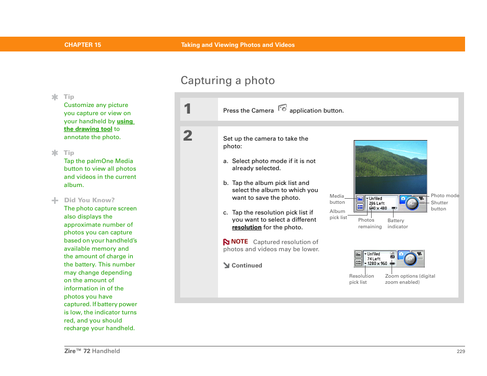 Capturing a photo | Palm Zire 72 User Manual | Page 251 / 706