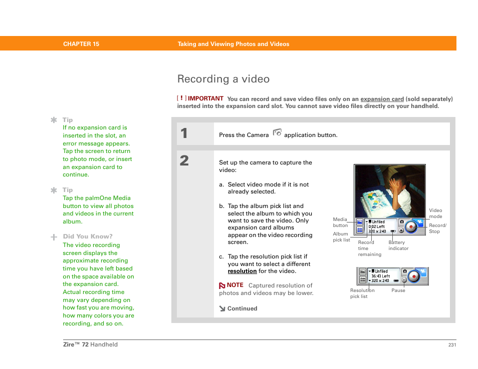 Recording a video | Palm Zire 72 User Manual | Page 253 / 706