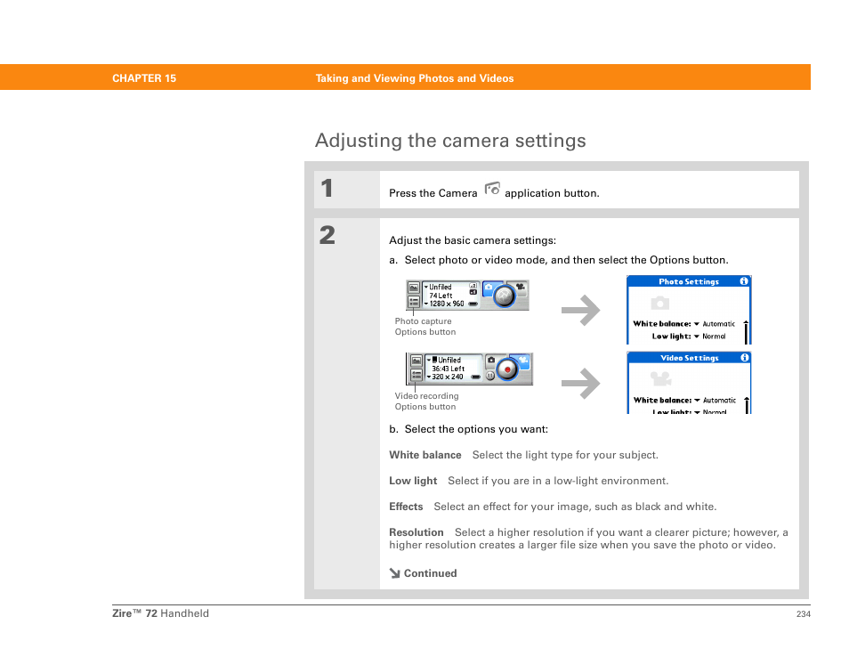 Adjusting the camera settings | Palm Zire 72 User Manual | Page 256 / 706