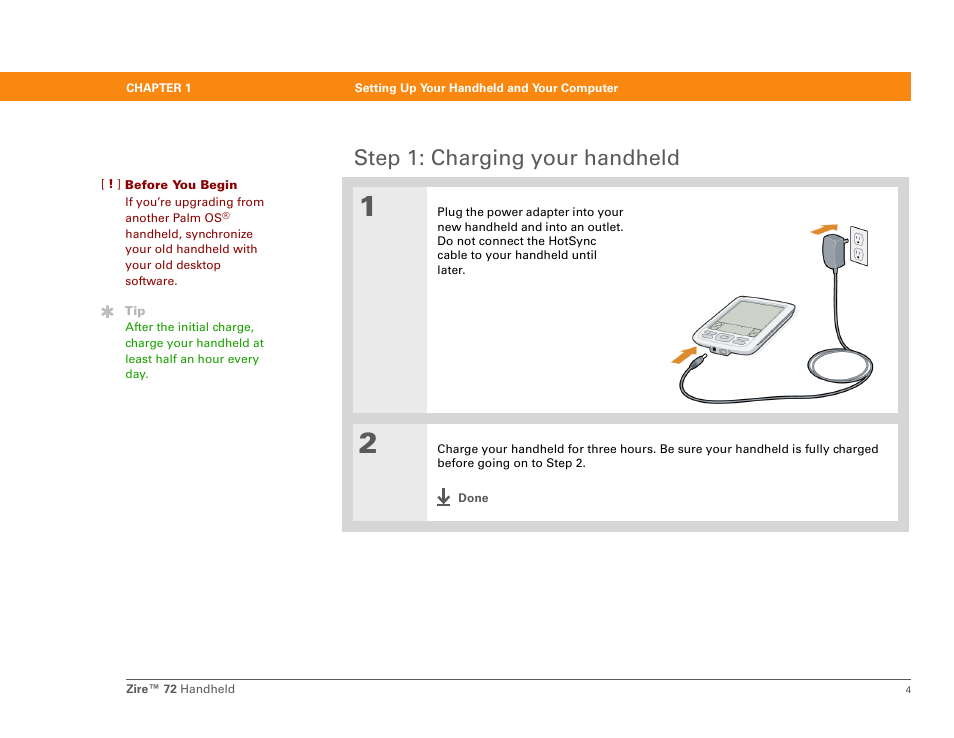 Step 1: charging your handheld | Palm Zire 72 User Manual | Page 26 / 706