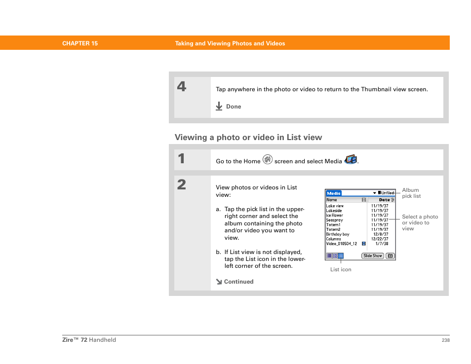 Viewing a photo or video in list view | Palm Zire 72 User Manual | Page 260 / 706