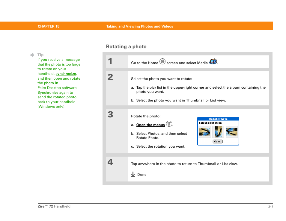 Rotating a photo | Palm Zire 72 User Manual | Page 263 / 706