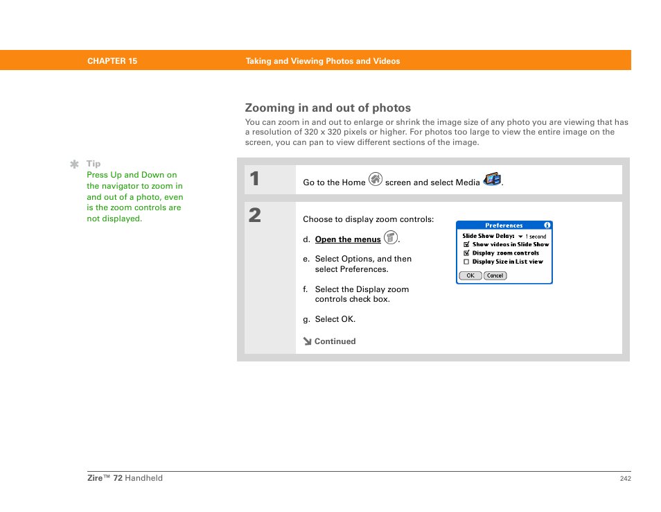 Zooming in and out of photos | Palm Zire 72 User Manual | Page 264 / 706