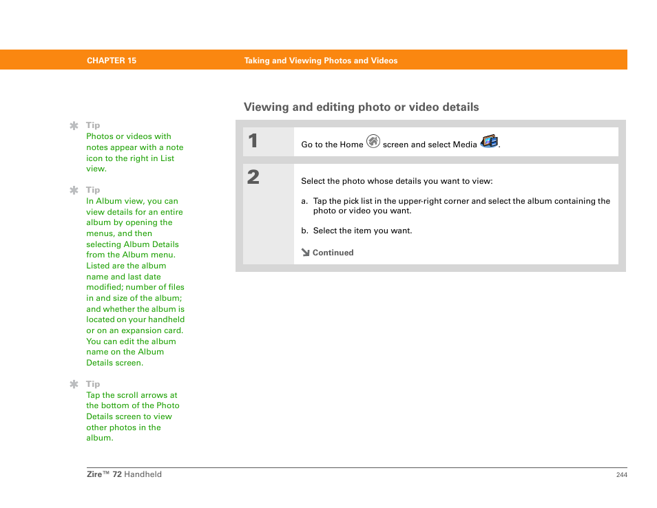 Viewing and editing photo or video details | Palm Zire 72 User Manual | Page 266 / 706
