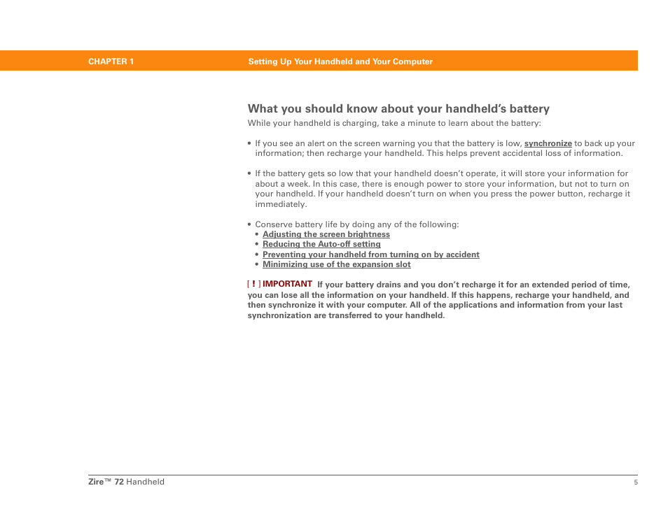 What you should know about your handheld’s battery | Palm Zire 72 User Manual | Page 27 / 706