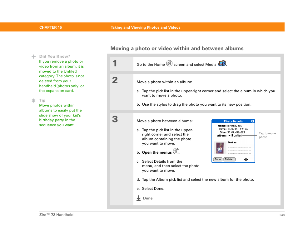 Moving a photo or video within and between albums | Palm Zire 72 User Manual | Page 270 / 706