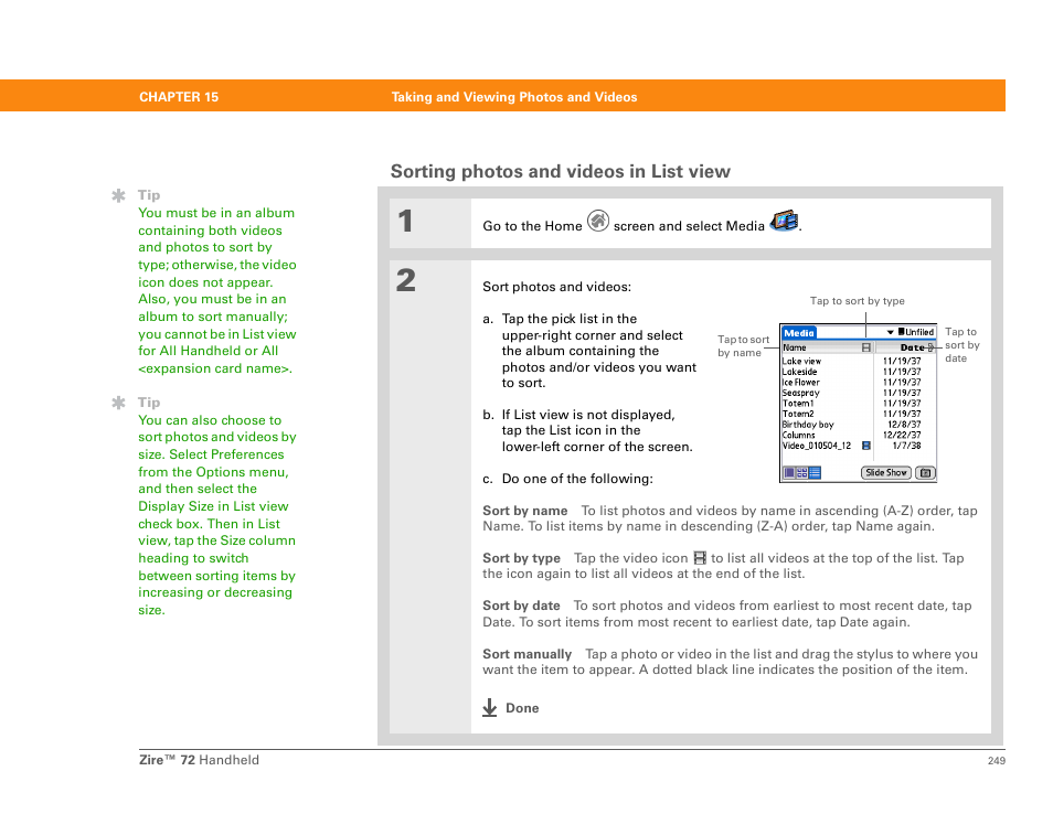 Sorting photos and videos in list view | Palm Zire 72 User Manual | Page 271 / 706