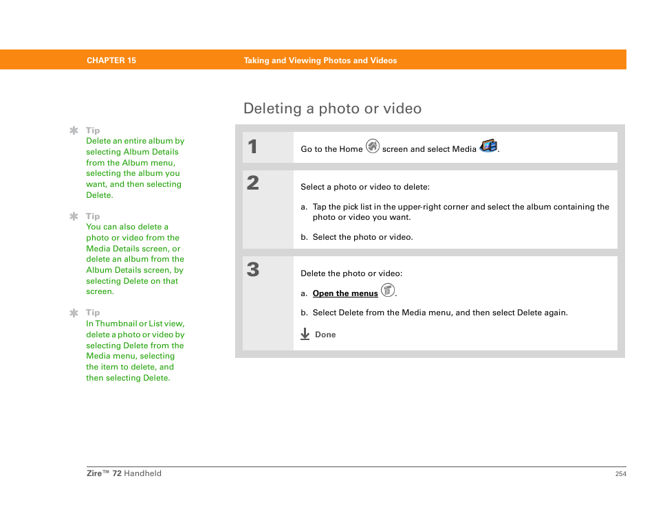 Deleting a photo or video | Palm Zire 72 User Manual | Page 276 / 706