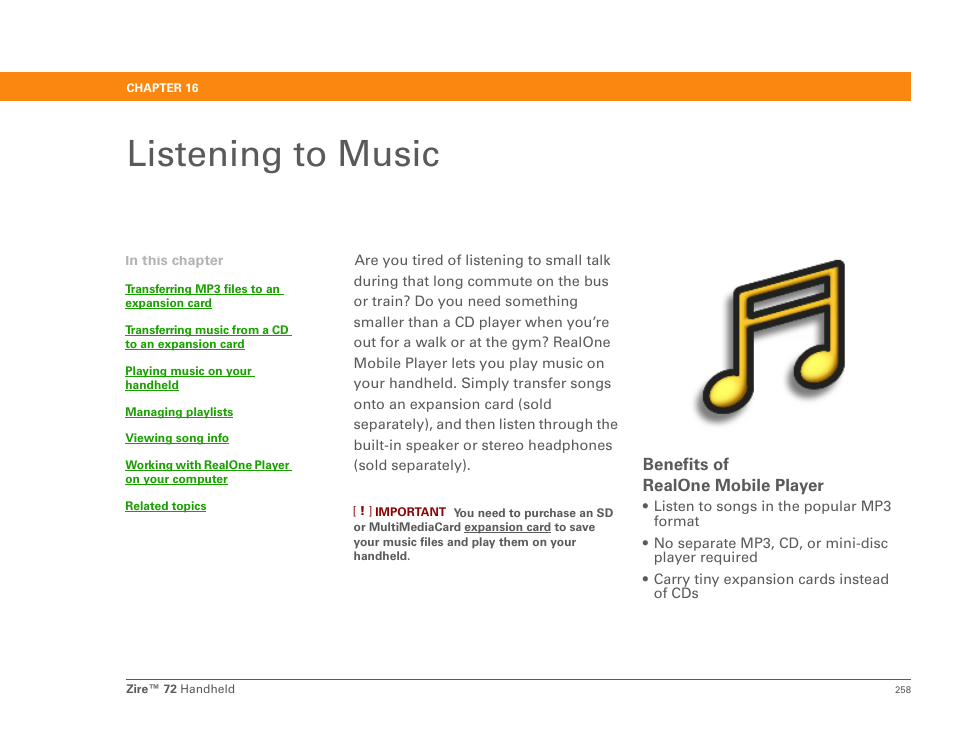 Listening to music, Chapter 16: listening to music | Palm Zire 72 User Manual | Page 280 / 706