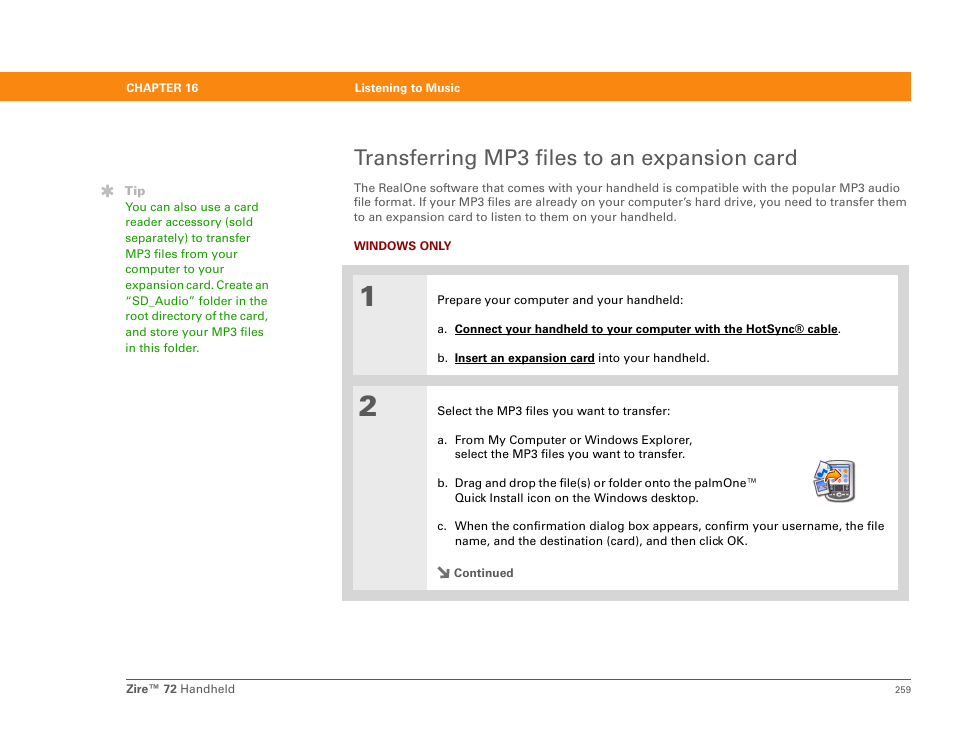 Transferring mp3 files to an expansion card | Palm Zire 72 User Manual | Page 281 / 706