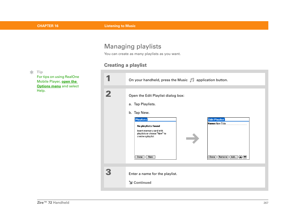 Managing playlists, Creating a playlist | Palm Zire 72 User Manual | Page 289 / 706