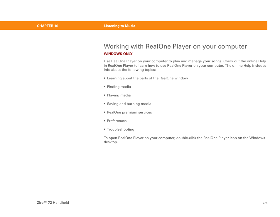 Working with realone player on your computer | Palm Zire 72 User Manual | Page 296 / 706