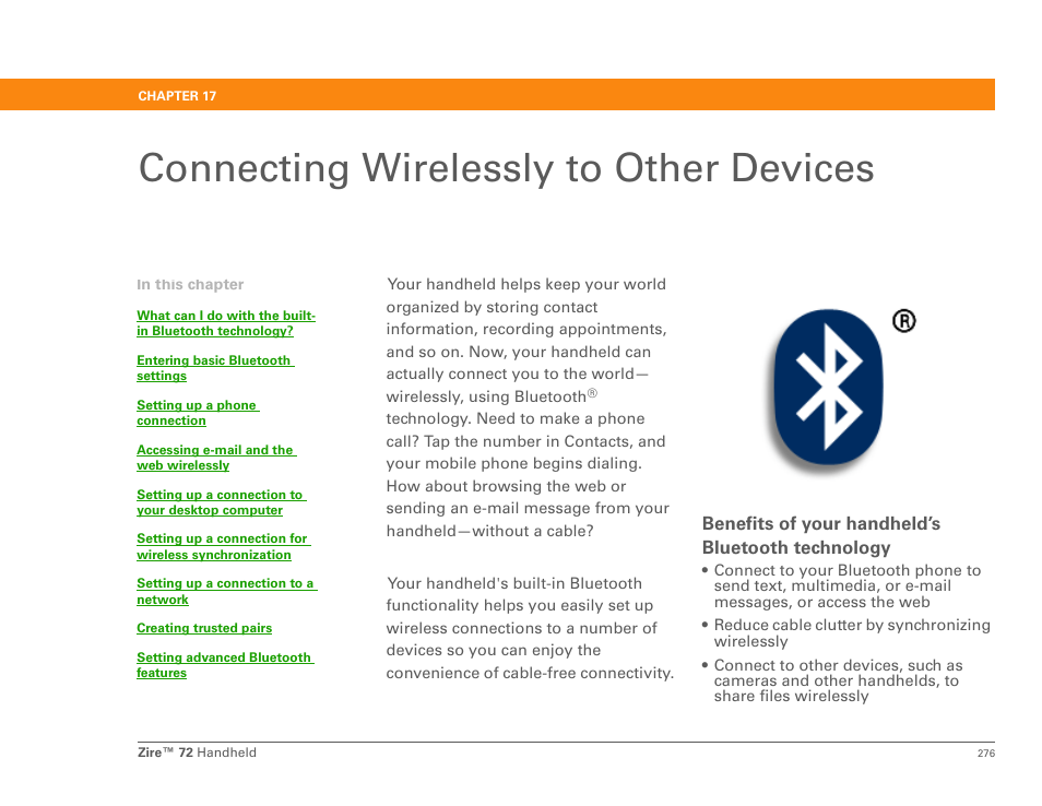 Connecting wirelessly to other devices, Chapter 17: connecting wirelessly to other devices, Set up a phone connection | Palm Zire 72 User Manual | Page 298 / 706