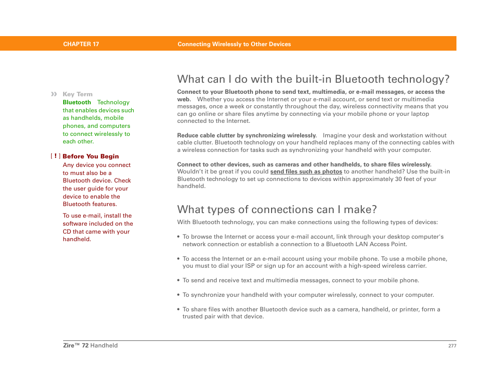 What types of connections can i make, Bluetooth communication, Bluetooth® technology | Wirelessly send photos and videos | Palm Zire 72 User Manual | Page 299 / 706