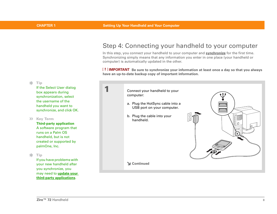 Step 4: connecting your handheld to your computer | Palm Zire 72 User Manual | Page 30 / 706