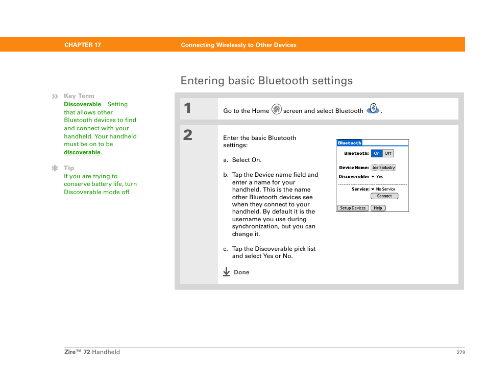 Entering basic bluetooth settings | Palm Zire 72 User Manual | Page 301 / 706