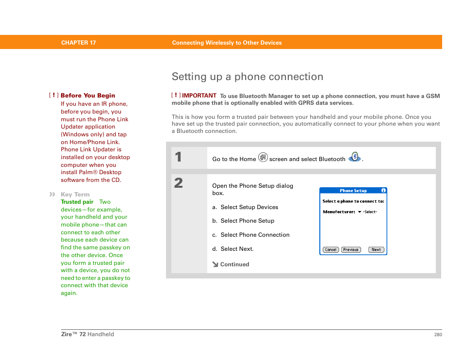 Setting up a phone connection, Phone link updater | Palm Zire 72 User Manual | Page 302 / 706