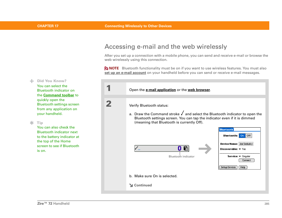 Accessing e-mail and the web wirelessly | Palm Zire 72 User Manual | Page 307 / 706