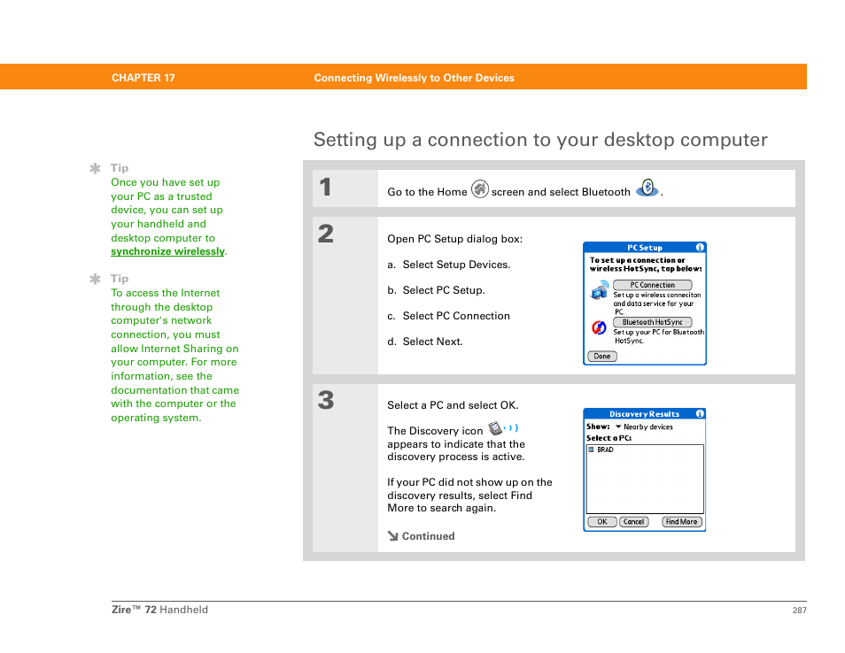 Setting up a connection to your desktop computer | Palm Zire 72 User Manual | Page 309 / 706