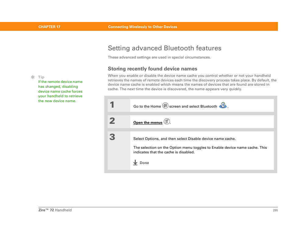 Setting advanced bluetooth features, Storing recently found device names | Palm Zire 72 User Manual | Page 317 / 706