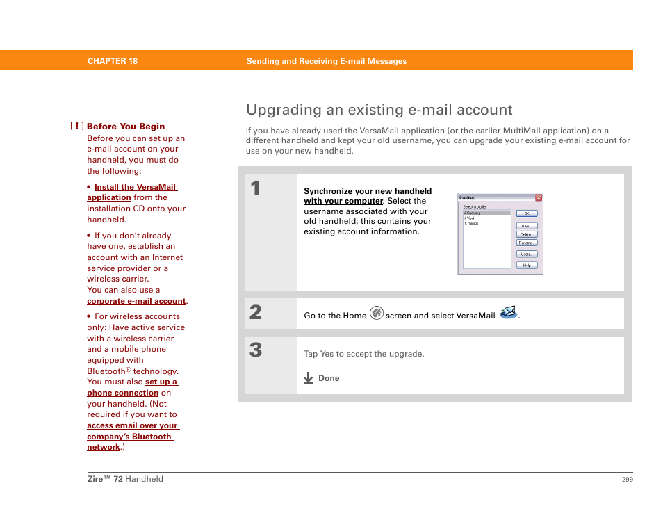 Upgrading an existing e-mail account | Palm Zire 72 User Manual | Page 321 / 706