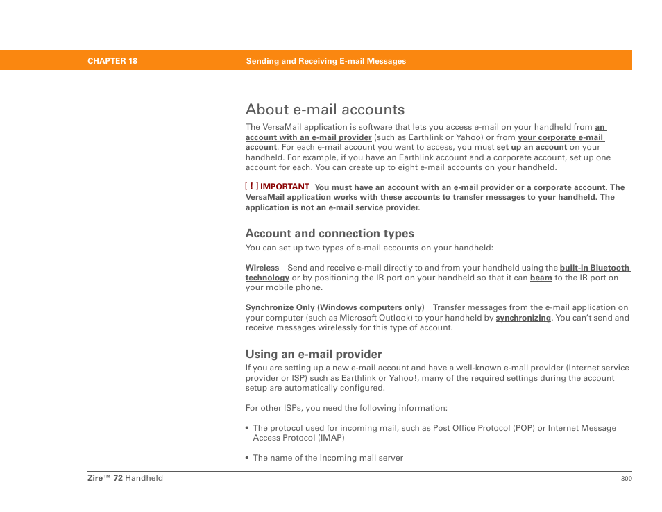 About e-mail accounts, Account and connection types, Using an e-mail provider | Palm Zire 72 User Manual | Page 322 / 706