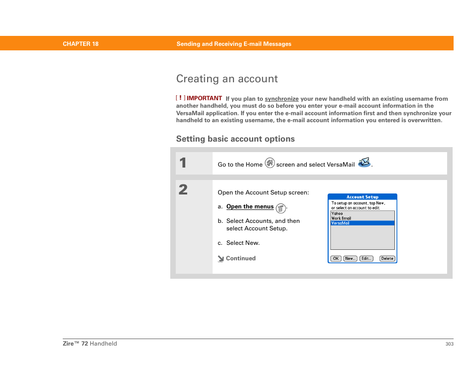 Creating an account, Setting basic account options, Set up an e-mail account | Ss, you must set up an account on you | Palm Zire 72 User Manual | Page 325 / 706