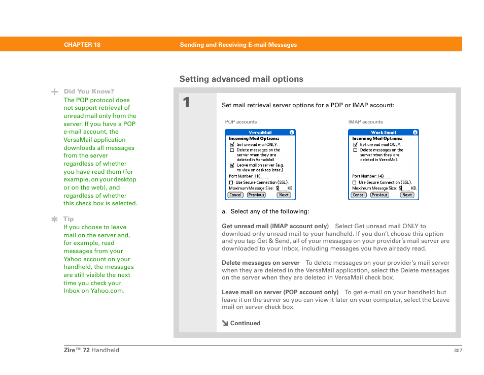 Setting advanced mail options, To set advanced mail options | Palm Zire 72 User Manual | Page 329 / 706