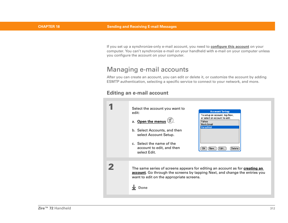 Managing e-mail accounts, Editing an e-mail account | Palm Zire 72 User Manual | Page 334 / 706