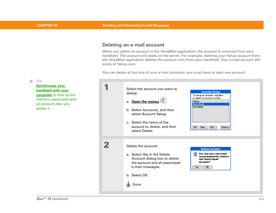 Deleting an e-mail account | Palm Zire 72 User Manual | Page 335 / 706
