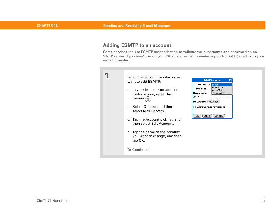 Adding esmtp to an account, Or extended simple mail transfer protocol, Esmtp authentication . chec | Palm Zire 72 User Manual | Page 338 / 706