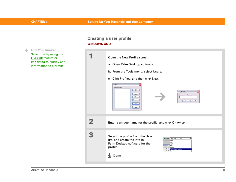 Creating a user profile | Palm Zire 72 User Manual | Page 34 / 706