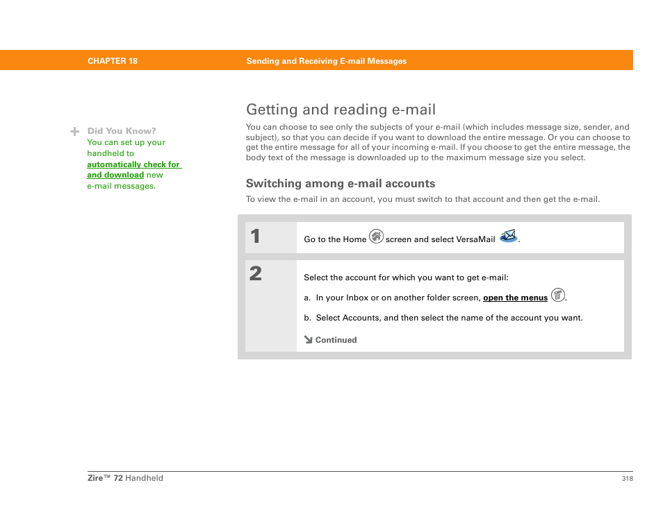 Getting and reading e-mail, Switching among e-mail accounts, Ct get and send | Getting and sending e | Palm Zire 72 User Manual | Page 340 / 706