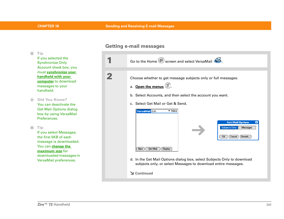 Getting e-mail messages, Getting messages | Palm Zire 72 User Manual | Page 342 / 706