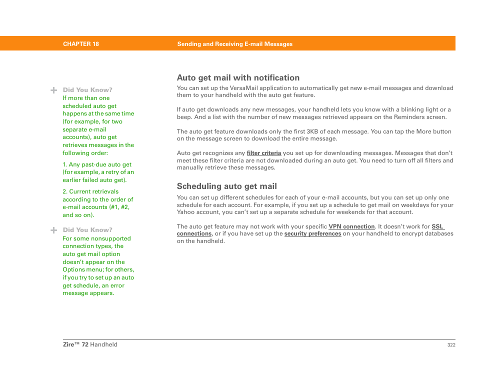 Scheduling auto get mail, Auto get mail with notification | Palm Zire 72 User Manual | Page 344 / 706