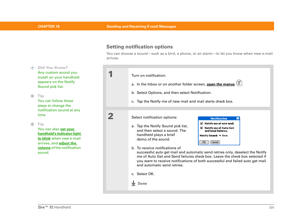 Setting notification options | Palm Zire 72 User Manual | Page 347 / 706