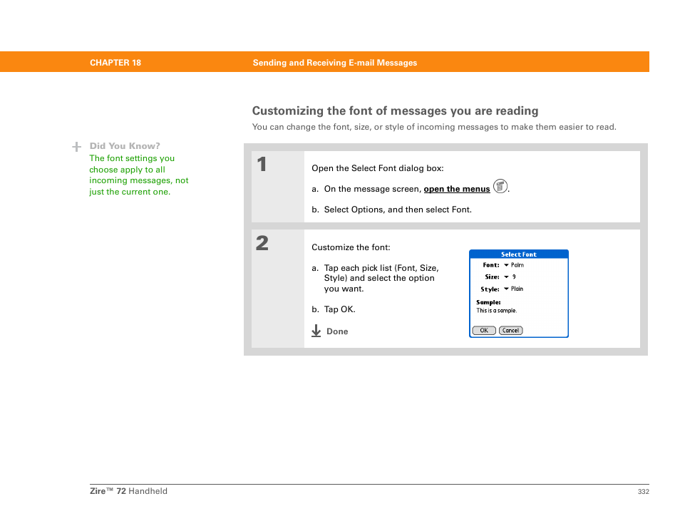 Customizing the font of messages you are reading | Palm Zire 72 User Manual | Page 354 / 706