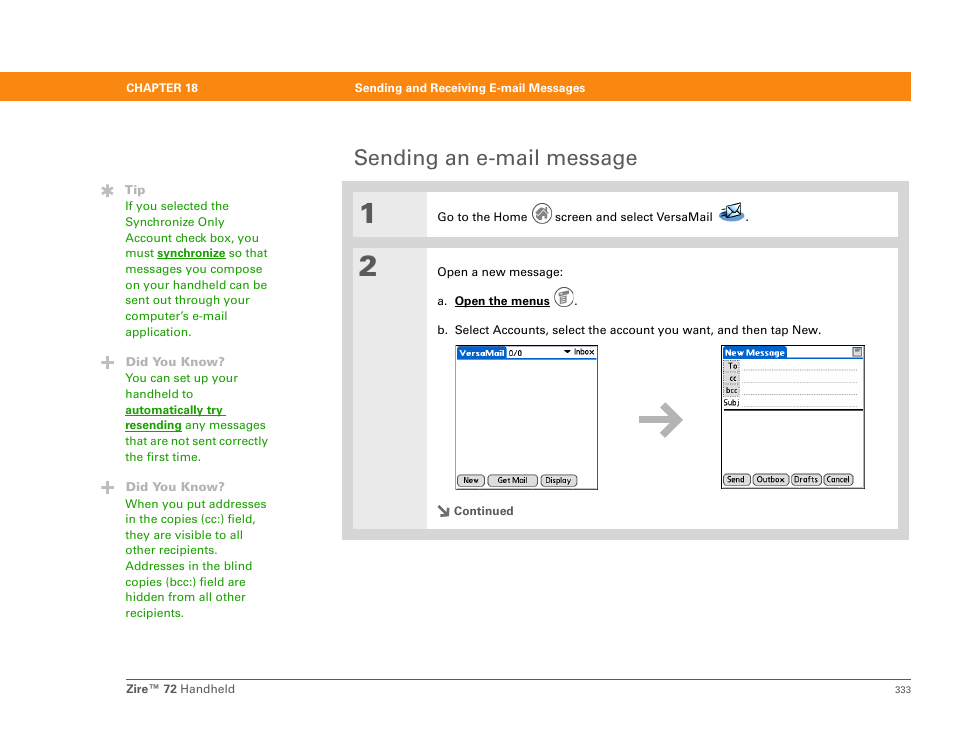 Sending an e-mail message | Palm Zire 72 User Manual | Page 355 / 706