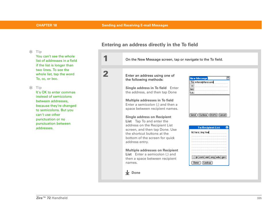 Entering an address directly in the to field, Entering it directly | Palm Zire 72 User Manual | Page 357 / 706