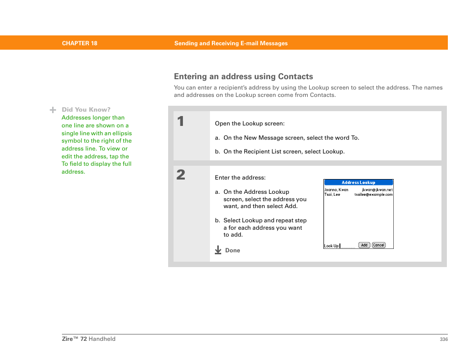 Entering an address using contacts, Entering it from contacts , or | Palm Zire 72 User Manual | Page 358 / 706