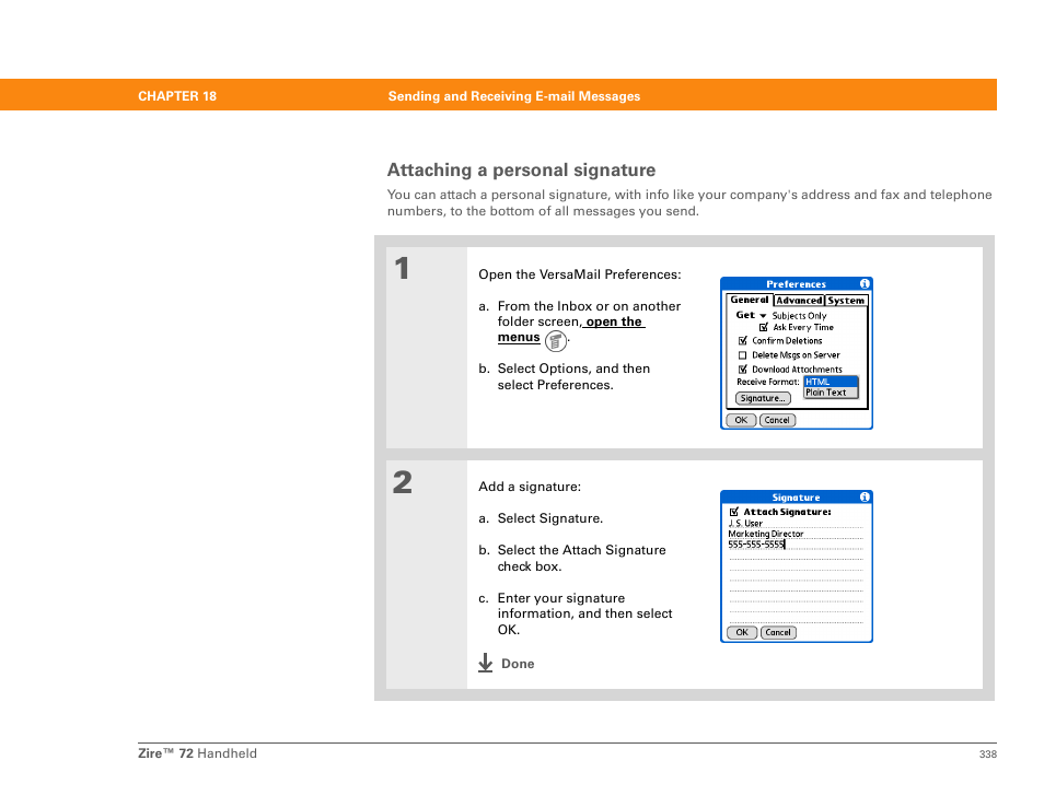 Attaching a personal signature | Palm Zire 72 User Manual | Page 360 / 706