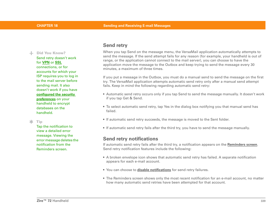 Send retry, Send retry notifications, Send retry send retry notifications | Palm Zire 72 User Manual | Page 361 / 706
