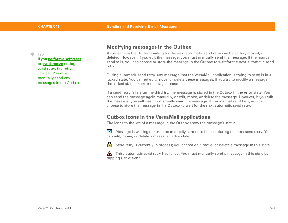 Modifying messages in the outbox, Outbox icons in the versamail applications | Palm Zire 72 User Manual | Page 362 / 706