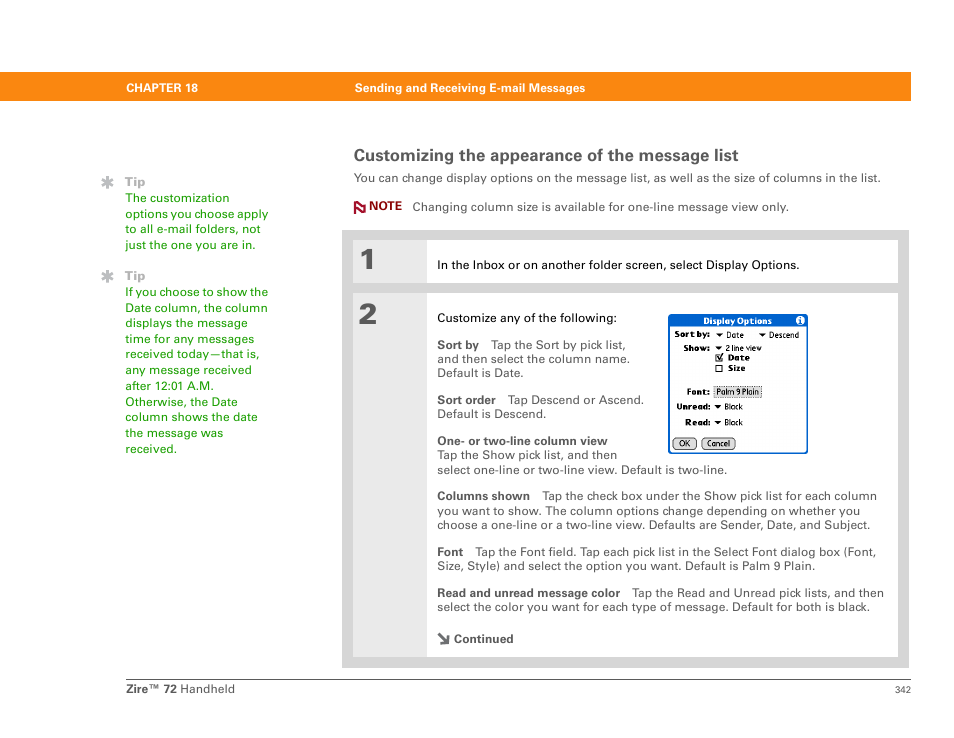 Customizing the appearance of the message list | Palm Zire 72 User Manual | Page 364 / 706