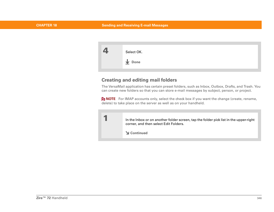 Creating and editing mail folders | Palm Zire 72 User Manual | Page 368 / 706