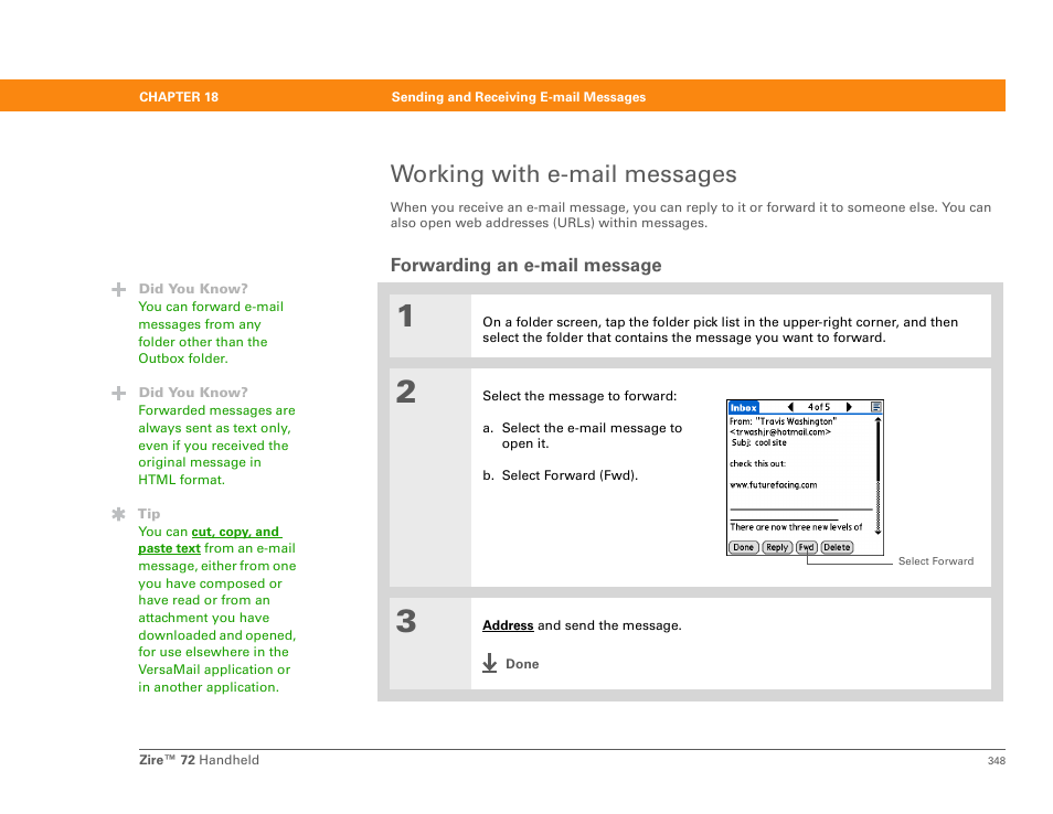 Working with e-mail messages, Forwarding an e-mail message | Palm Zire 72 User Manual | Page 370 / 706