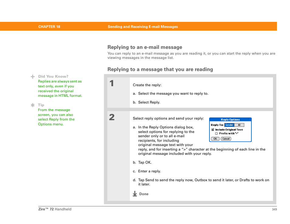 Replying to a message that you are reading, Replying to an e-mail message | Palm Zire 72 User Manual | Page 371 / 706
